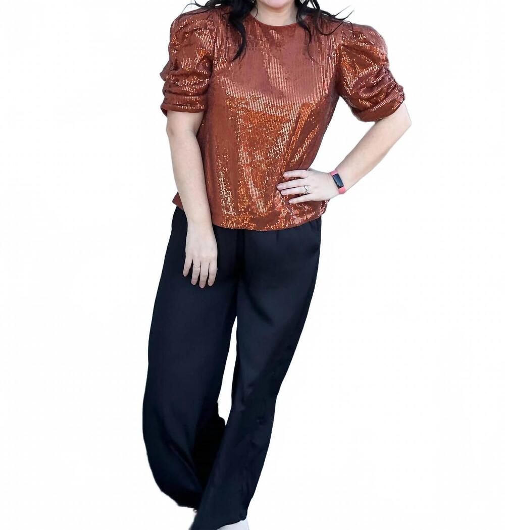 NEW ENTRO sequin puff sleeve top in rust